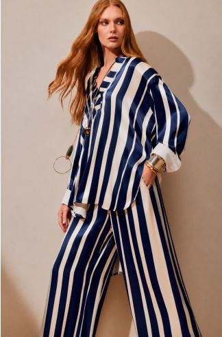 Calça Pantalona Listrada Travessia Marinho 