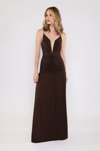 Vestido Longo Marrom Franzido Travessia 