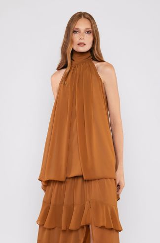 Blusa Crepe Alongada Gola Alta Travessia Camelo