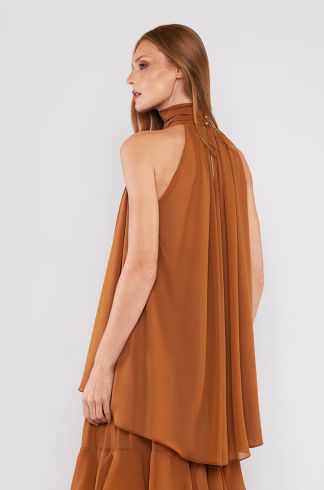 Blusa Crepe Alongada Gola Alta Travessia Camelo
