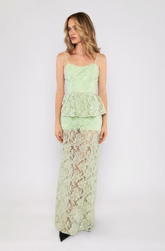 Vestido Longo Sobreposição Peplum Renda Travessia 