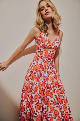 Vestido Midi Travessia Floral Laranja