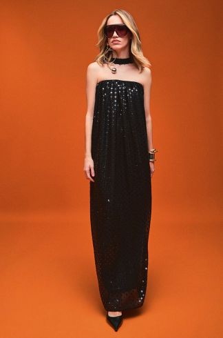 Vestido Longo Travessia Brilho Preto
