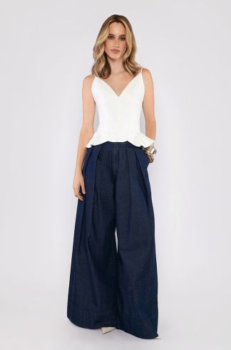 Calça Jeans Escuro Pregas Ballon
