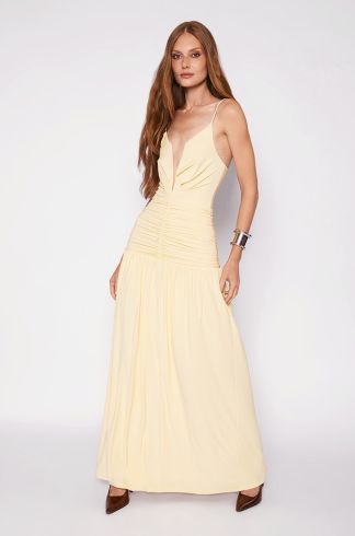 Vestido Longo Franzido Amarelo