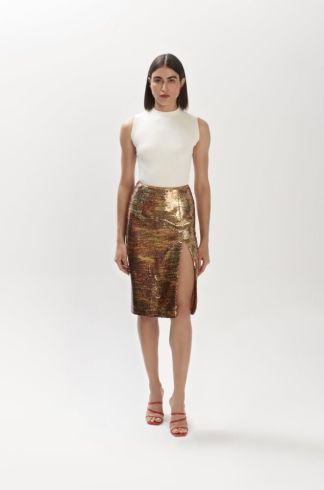 Saia Reta com Fenda Paetê Nós Ato Dois Tucunaré Dourado