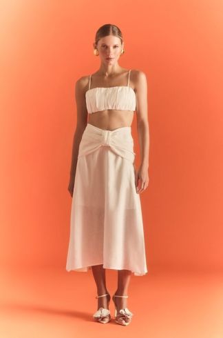 Saia Midi em Linho com Laço Florea Celebration Pólen Branco