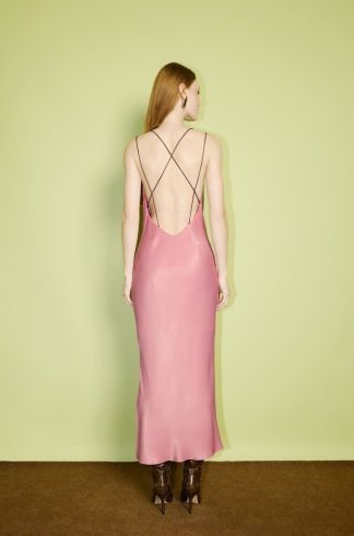 Vestido Midi em Cetim Alças Finas Casulo Mel Rosa