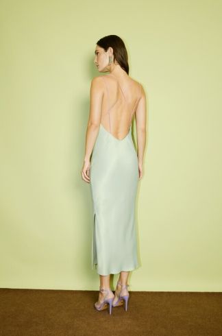 Vestido Midi em Cetim Alças Finas Casulo Mel Verde