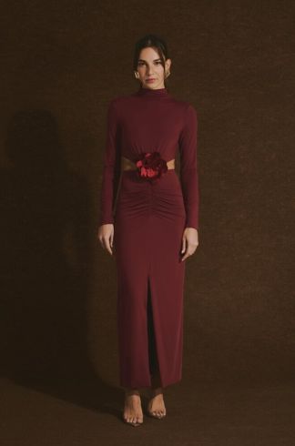 Vestido Midi com Flor Casulo Ninfa Bordô