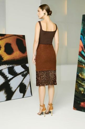 Saia Midi em L&atilde; e Paet&ecirc; Casulo Colmeia Marrom