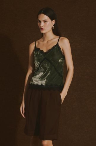 Blusa Alças Finas em Veludo e Renda Casulo Antena Verde
