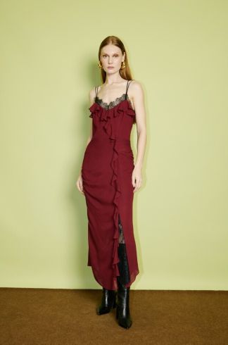 Vestido Midi com Renda Casulo Mantis Bordô