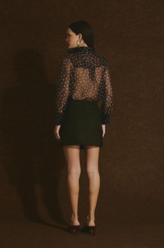 Blusa Camisa Plissada Casulo Joaninha Poá Preto