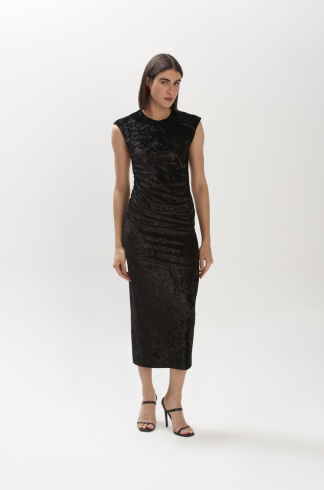 Vestido Midi Bicolor em Veludo Nós Ato Dois Imbuia Preto e Dourado