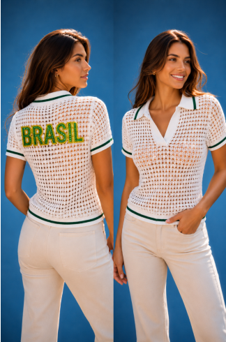Blusa Polo Rendada Off White Com Verde