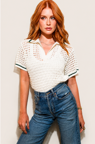 Blusa Polo Rendada Off White Com Verde
