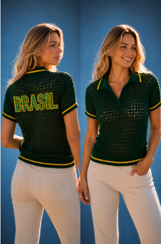 Blusa Polo Rendada Verde Com Amarelo