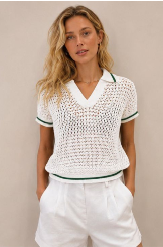 Blusa Polo Rendada Off White Com Verde