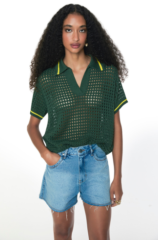 Blusa Polo Rendada Verde Com Amarelo