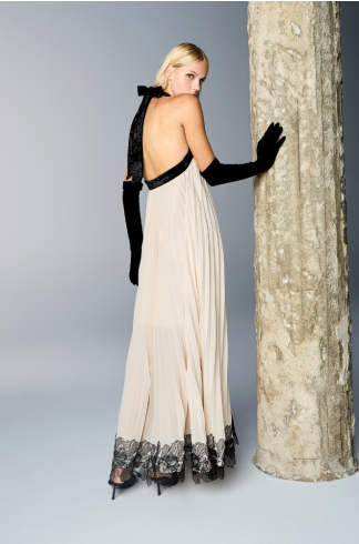 Vestido Longo Plissado Devaneio Salina Areia