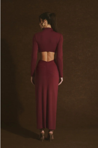 Vestido Midi com Flor Casulo Ninfa Bordô