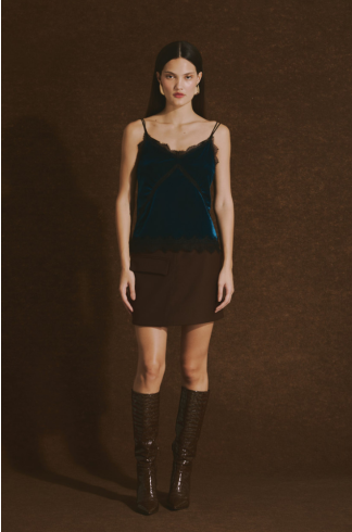 Blusa Alças Finas em Veludo e Renda Casulo Antena Azul