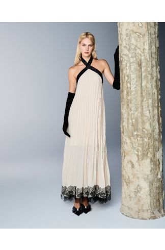Vestido Longo Plissado Devaneio Salina Areia