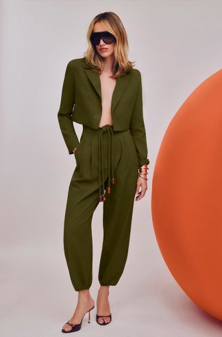 Calça Alladin Amarrações Linho Travessia Verde 