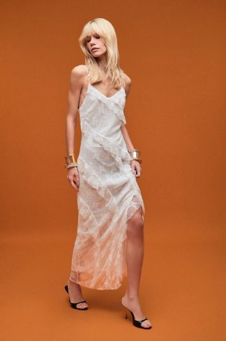 Vestido Longo Travessia Alça Fina Babados Branco