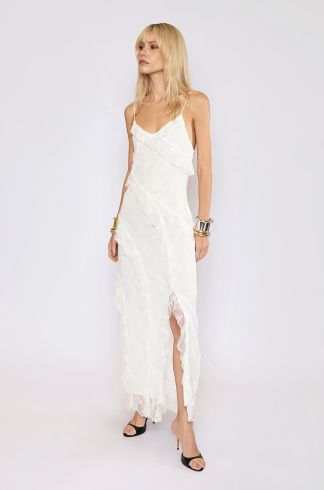 Vestido Longo Travessia Alça Fina Babados Branco