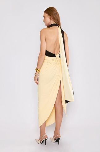 Vestido Curto Bicolor Travessia Assimétrico 