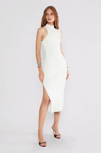 Vestido Tricot Assimétrico Gola Alta Off White Travessia