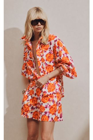 Shorts Tricoline Floral Laranja