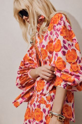 Camisa Tricoline Fraldada Travessia Floral Laranja