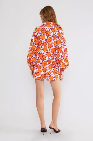Camisa Tricoline Fraldada Travessia Floral Laranja