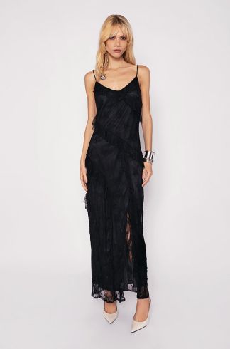 Vestido Longo Travessia  Alça Fina Babados Preto