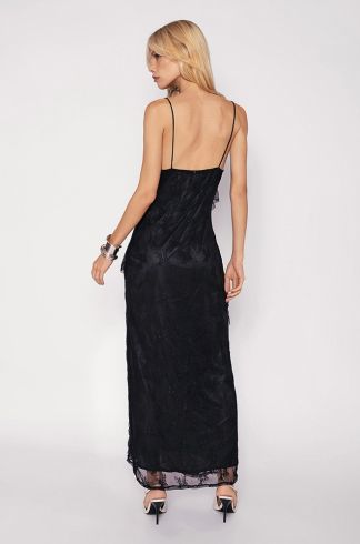 Vestido Longo Travessia  Alça Fina Babados Preto