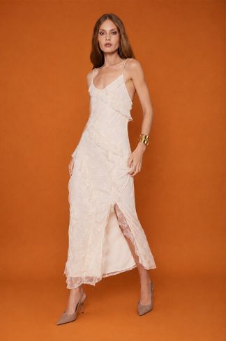 Vestido Longo Travessia Alça Fina Babados Bege