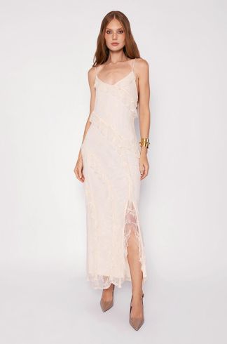 Vestido Longo Travessia Alça Fina Babados Bege