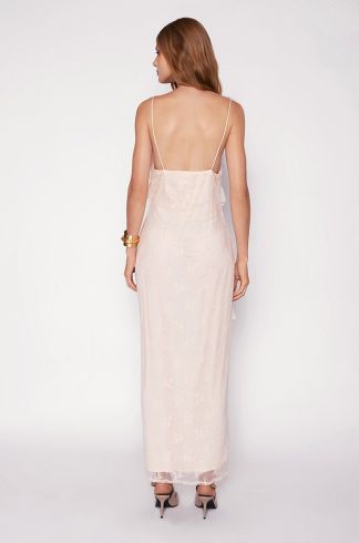 Vestido Longo Travessia Alça Fina Babados Bege