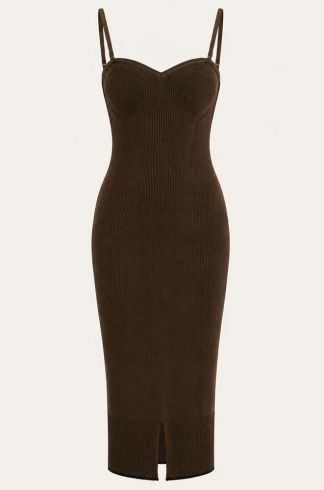 Vestido Midi em Tricot Alças Removíveis Casulo Metamorfose Marrom