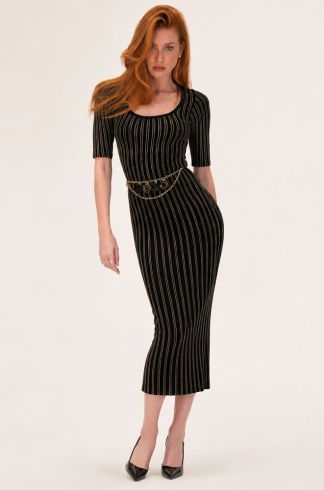 Vestido Midi em Tricot Lurex Casulo Abelha Dourado