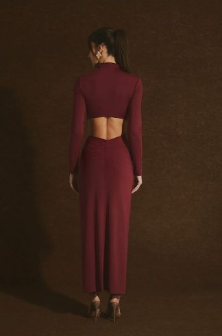 Vestido Midi com Flor Casulo Ninfa Bordô