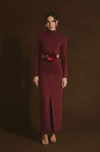 Vestido Midi com Flor Casulo Ninfa Bordô