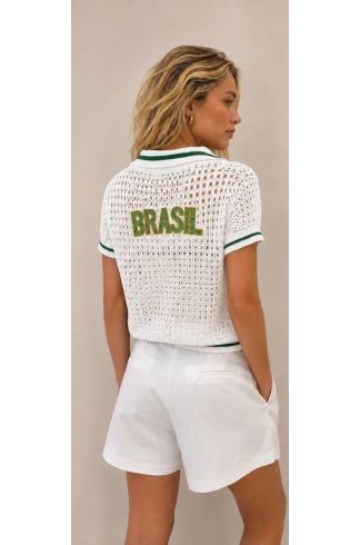 Blusa Polo Rendada Off White Com Verde